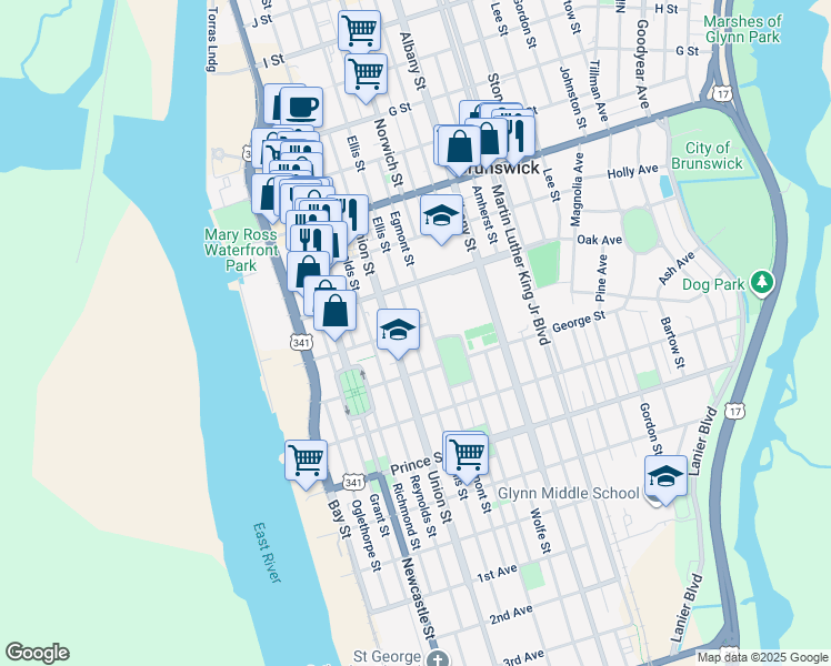 map of restaurants, bars, coffee shops, grocery stores, and more near 1201 Egmont St in Brunswick