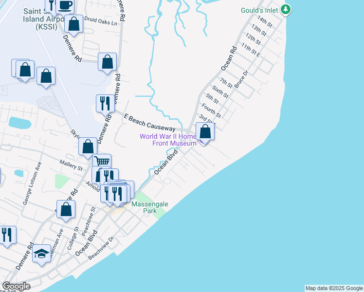 map of restaurants, bars, coffee shops, grocery stores, and more near 1558 Ocean Boulevard in St. Simons Island