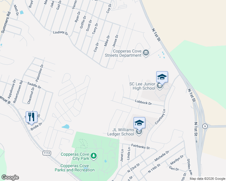 map of restaurants, bars, coffee shops, grocery stores, and more near 1129 Ewell Court in Copperas Cove