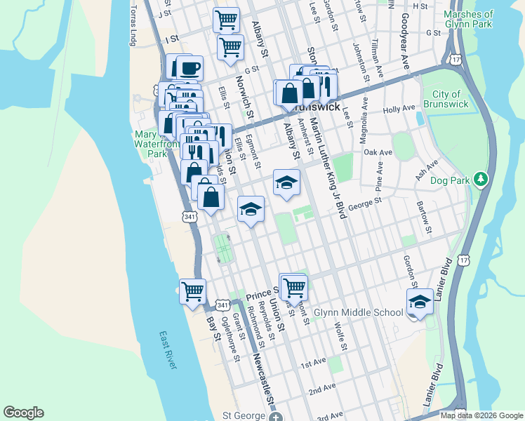 map of restaurants, bars, coffee shops, grocery stores, and more near 800 Howe Street in Brunswick
