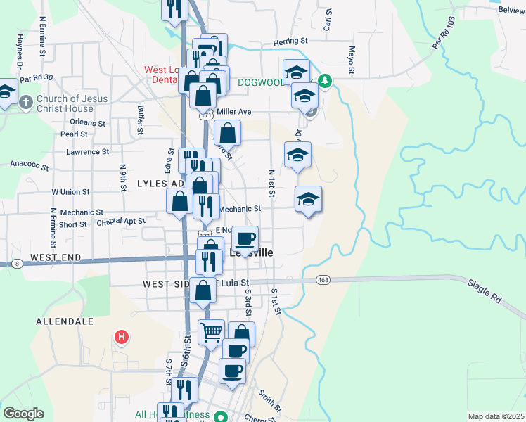 map of restaurants, bars, coffee shops, grocery stores, and more near 409 North 3rd Street in Leesville
