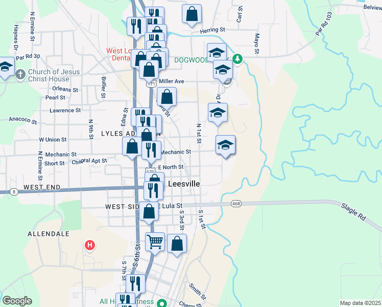 map of restaurants, bars, coffee shops, grocery stores, and more near 307 North 2nd Street in Leesville