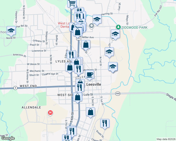 map of restaurants, bars, coffee shops, grocery stores, and more near 116 Cochran Road in Leesville