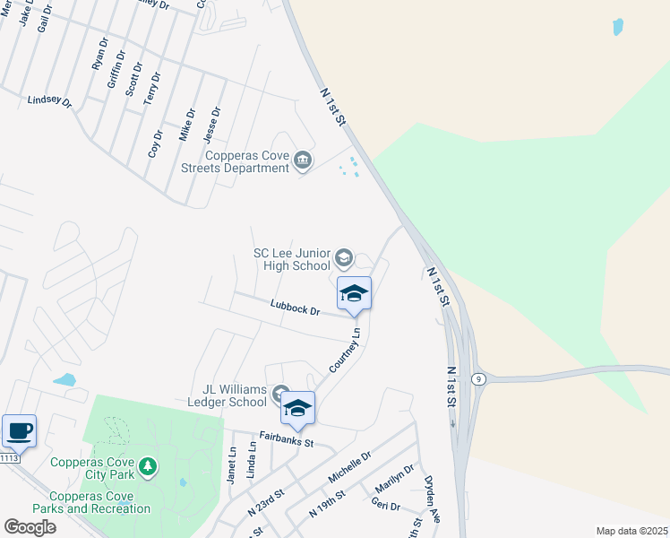 map of restaurants, bars, coffee shops, grocery stores, and more near 1205 Courtney Lane in Copperas Cove