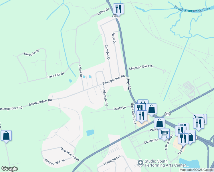 map of restaurants, bars, coffee shops, grocery stores, and more near 185 Baumgardner Road in Brunswick