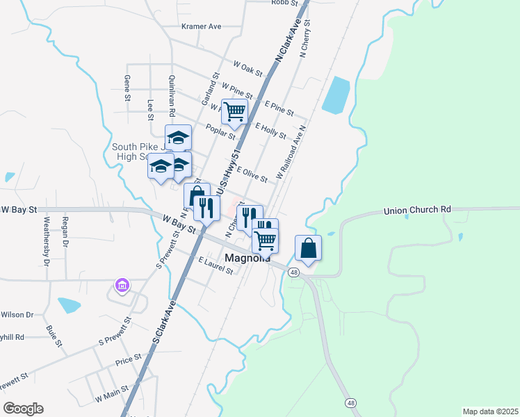 map of restaurants, bars, coffee shops, grocery stores, and more near 265 West Railroad Avenue North in Magnolia