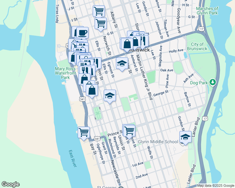 map of restaurants, bars, coffee shops, grocery stores, and more near 1201 Egmont Street in Brunswick