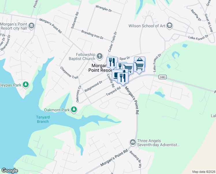 map of restaurants, bars, coffee shops, grocery stores, and more near 7 Oakmont Circle in Belton