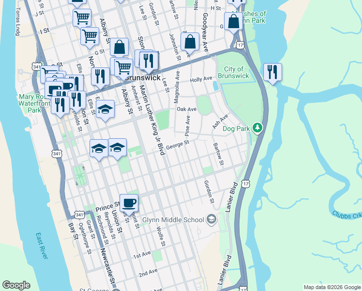 map of restaurants, bars, coffee shops, grocery stores, and more near 1606 George Street in Brunswick