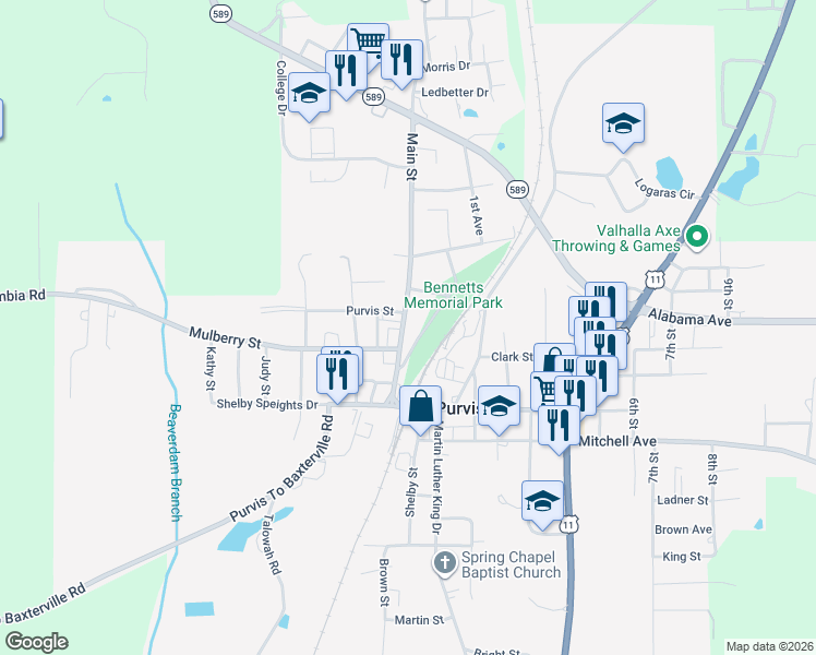 map of restaurants, bars, coffee shops, grocery stores, and more near 404 Main Street in Purvis