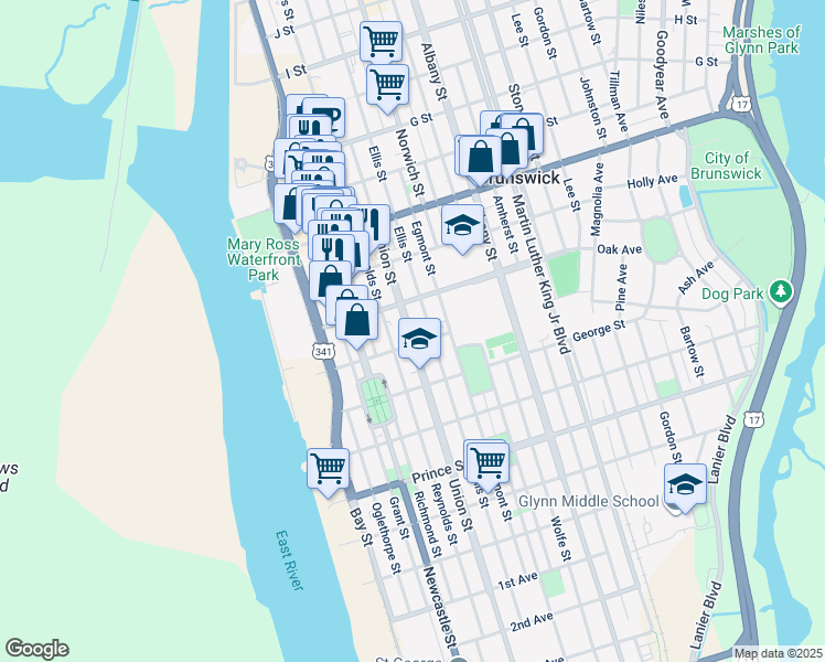 map of restaurants, bars, coffee shops, grocery stores, and more near 1212 Union Street in Brunswick