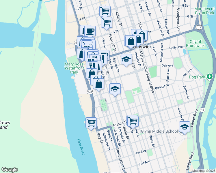 map of restaurants, bars, coffee shops, grocery stores, and more near 1212 Union Street in Brunswick
