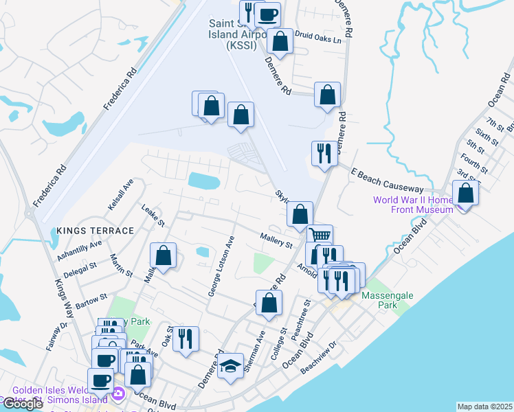 map of restaurants, bars, coffee shops, grocery stores, and more near 105 West 109th Street in St. Simons Island