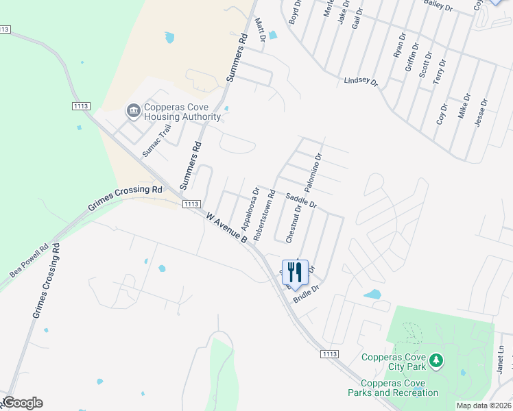 map of restaurants, bars, coffee shops, grocery stores, and more near 222 Appaloosa Drive in Copperas Cove