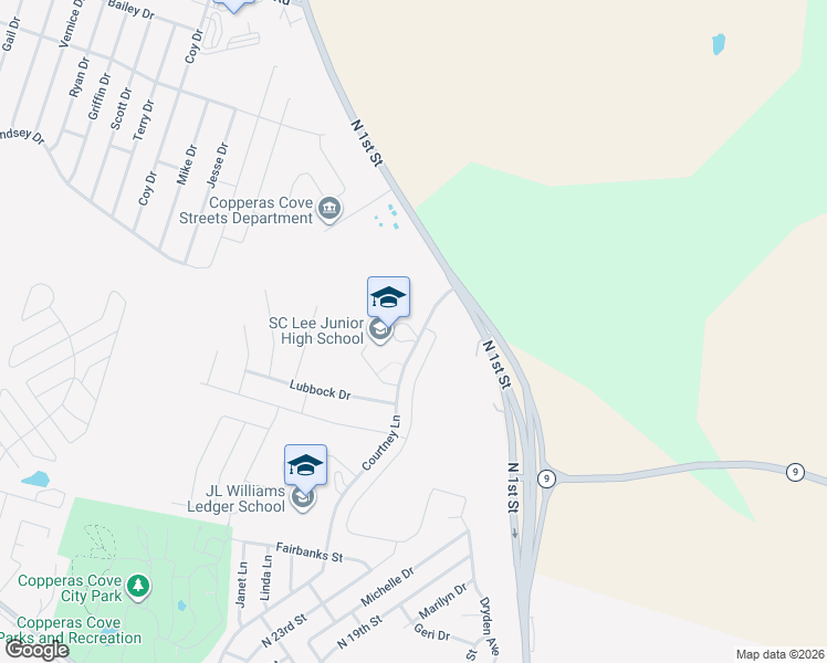 map of restaurants, bars, coffee shops, grocery stores, and more near 1122 Courtney Lane in Copperas Cove