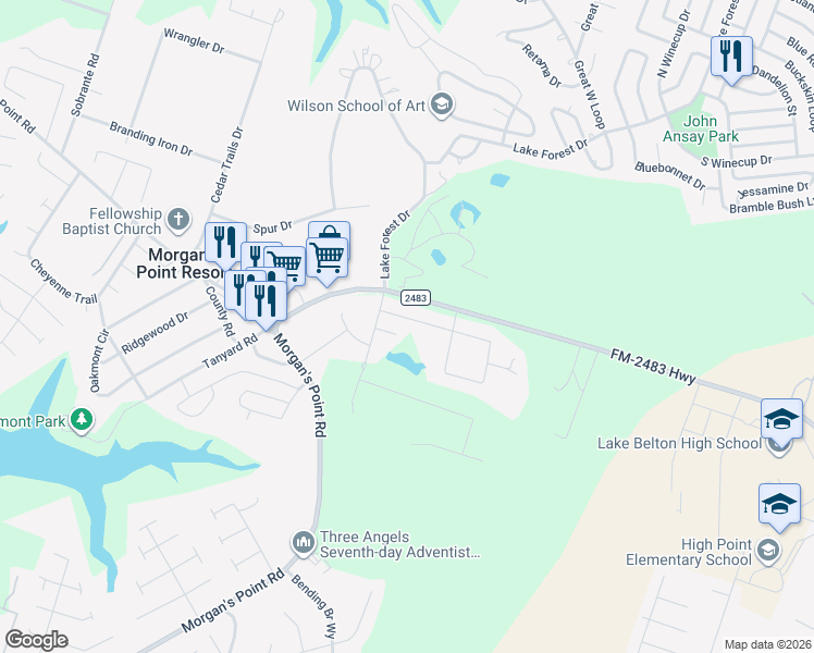 map of restaurants, bars, coffee shops, grocery stores, and more near 306 Roca Trail in Morgan's Point Resort