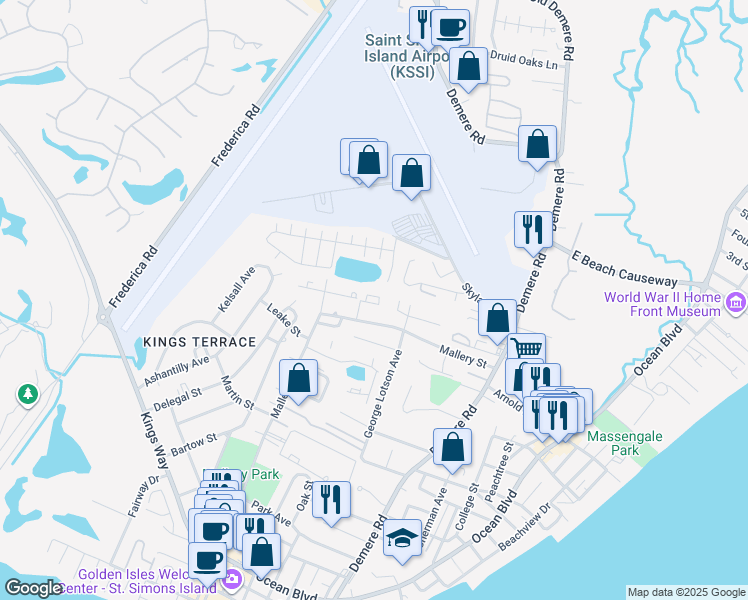 map of restaurants, bars, coffee shops, grocery stores, and more near 104 Courtyard Villas Lane in St. Simons Island