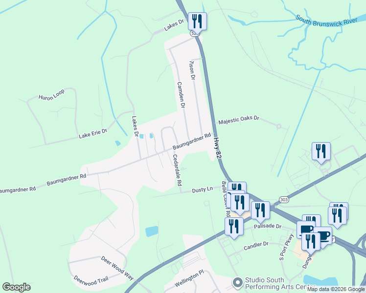 map of restaurants, bars, coffee shops, grocery stores, and more near 185 Baumgardner Road in Brunswick