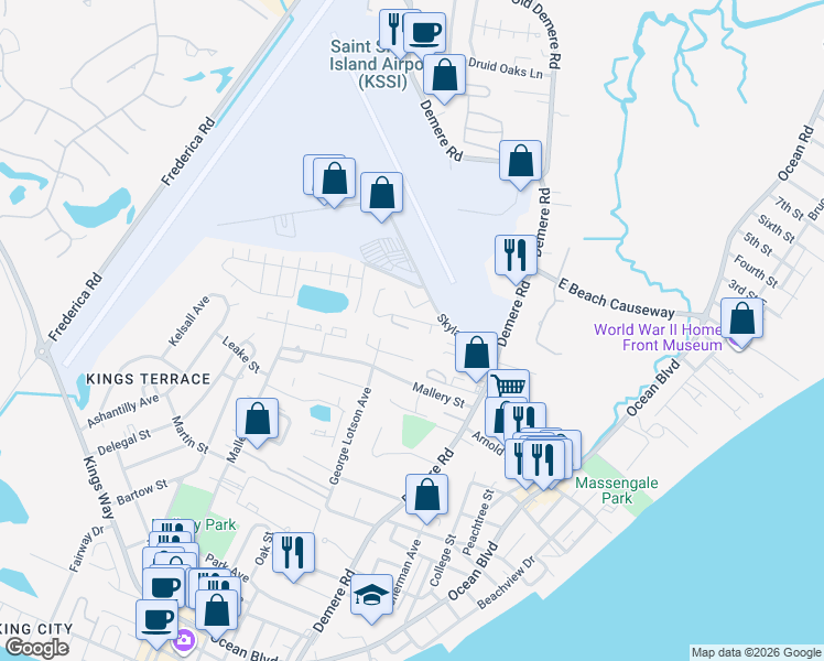 map of restaurants, bars, coffee shops, grocery stores, and more near 105 West 109th Street in St. Simons Island