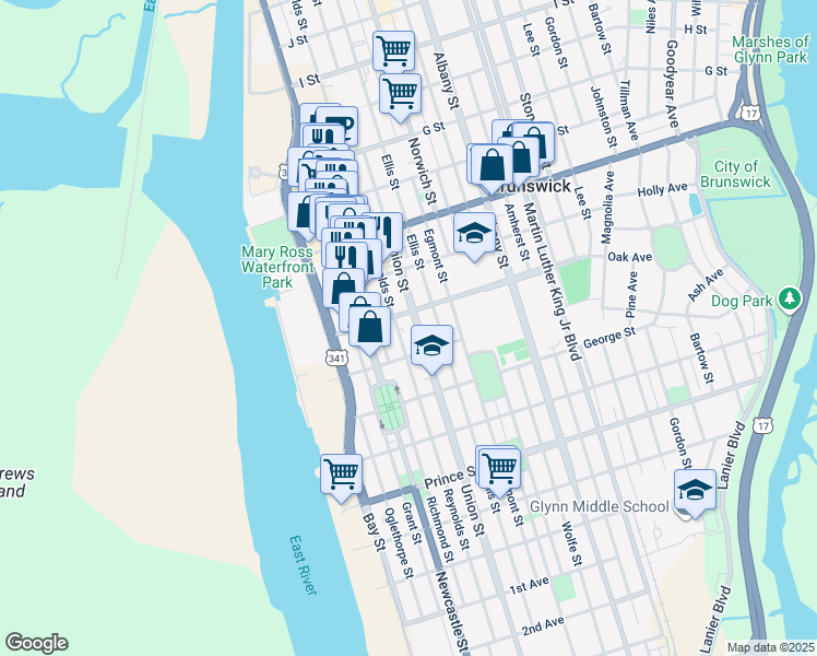 map of restaurants, bars, coffee shops, grocery stores, and more near 1212 Union Street in Brunswick