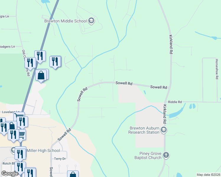 map of restaurants, bars, coffee shops, grocery stores, and more near 140-144 Joyner Lane in Brewton