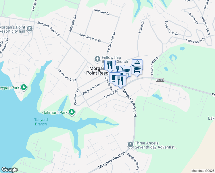 map of restaurants, bars, coffee shops, grocery stores, and more near 4 Oakmont Circle in Morgan's Point Resort