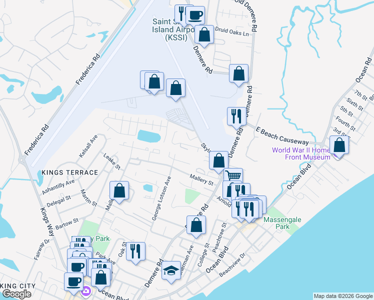 map of restaurants, bars, coffee shops, grocery stores, and more near 105 West 109th Street in St. Simons Island