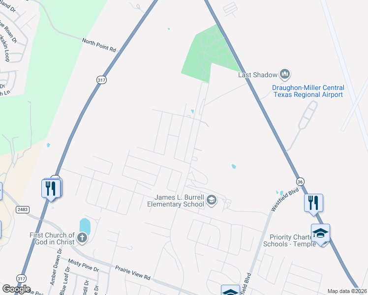 map of restaurants, bars, coffee shops, grocery stores, and more near 2669 N Pea Ridge Rd in Temple