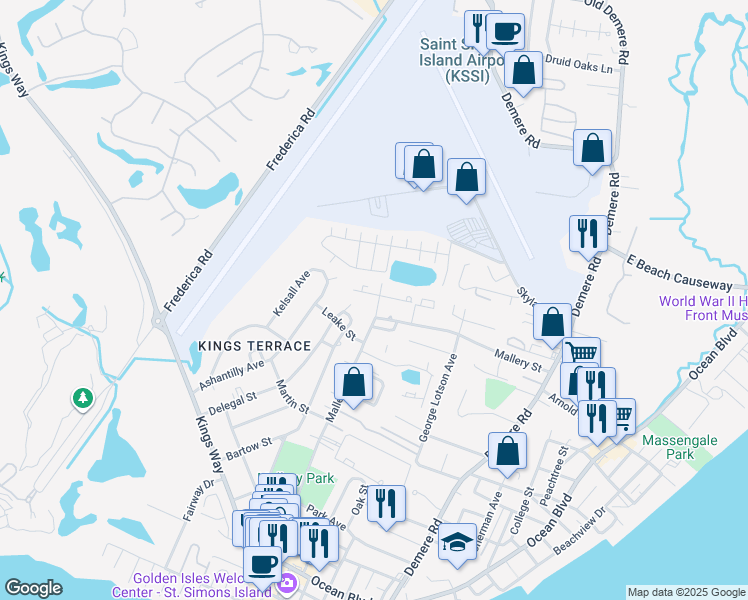 map of restaurants, bars, coffee shops, grocery stores, and more near 951 Mallery Street Extension in St. Simons Island
