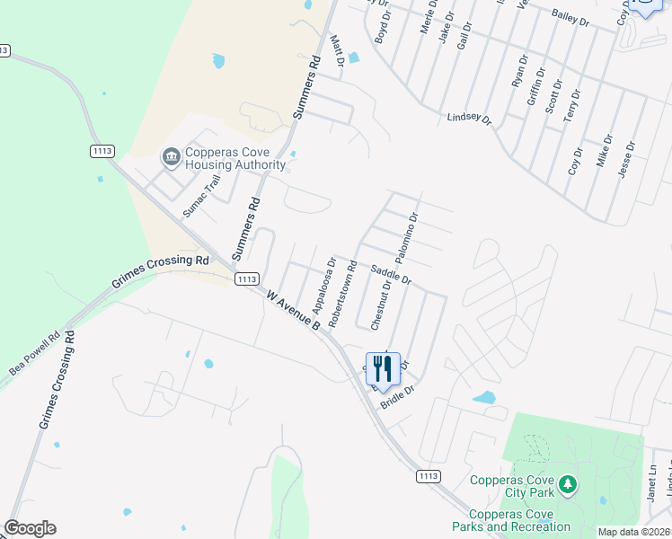 map of restaurants, bars, coffee shops, grocery stores, and more near 222 Appaloosa Drive in Copperas Cove