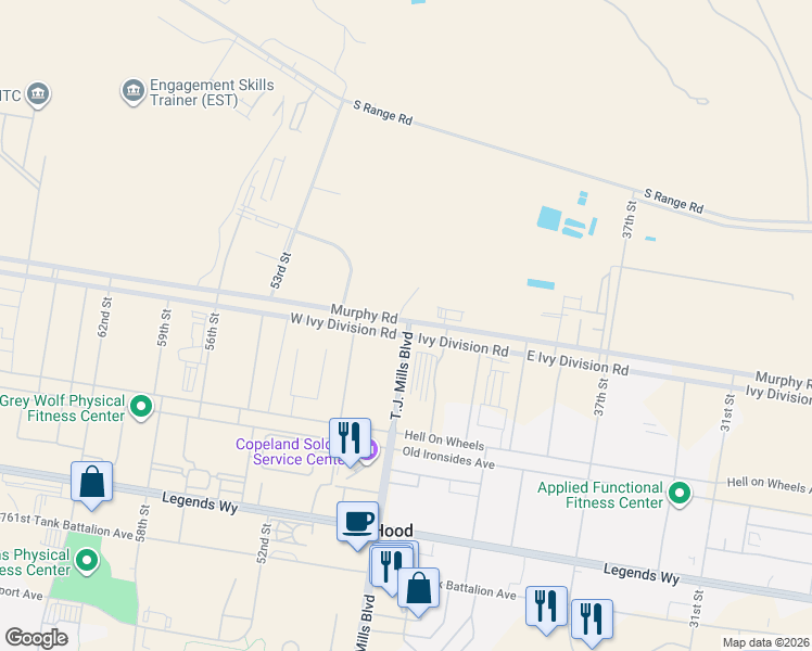 map of restaurants, bars, coffee shops, grocery stores, and more near 18010 T.J. Mills Boulevard in Fort Hood