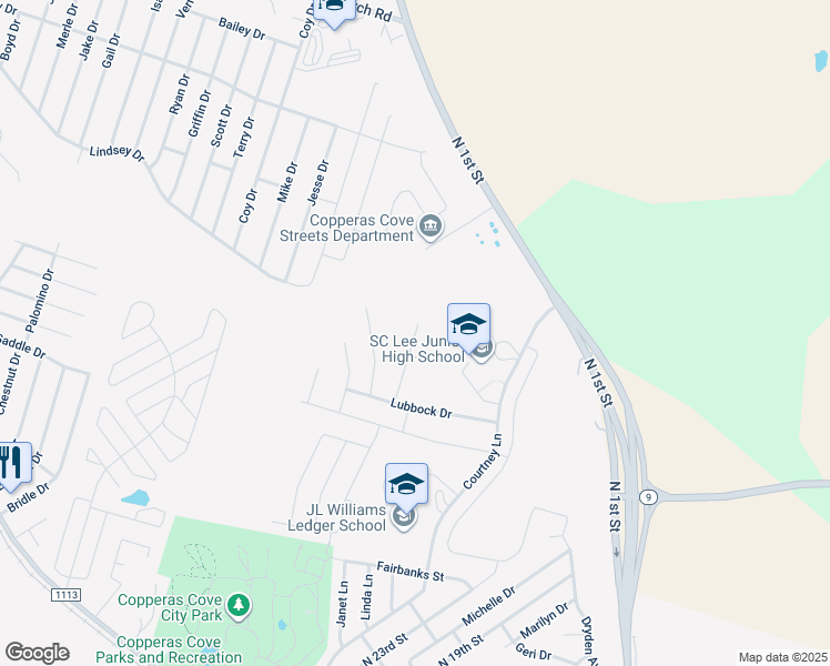 map of restaurants, bars, coffee shops, grocery stores, and more near 1318 Briscoe Court in Copperas Cove