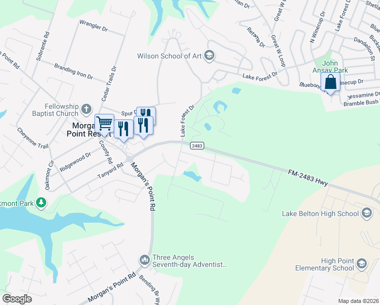 map of restaurants, bars, coffee shops, grocery stores, and more near 306 Roca Trail in Morgan's Point Resort