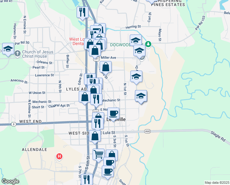 map of restaurants, bars, coffee shops, grocery stores, and more near 409 North 3rd Street in Leesville