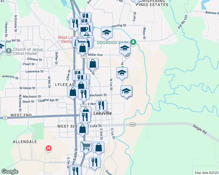 map of restaurants, bars, coffee shops, grocery stores, and more near 405 North 1st Street in Leesville