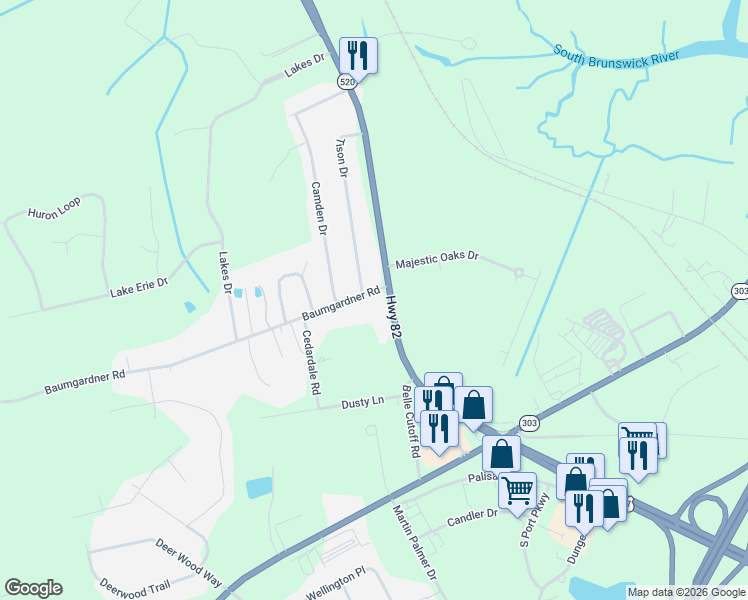 map of restaurants, bars, coffee shops, grocery stores, and more near 3385 U.S. 82 in Brunswick