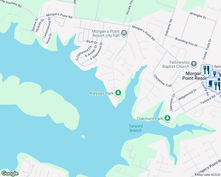 map of restaurants, bars, coffee shops, grocery stores, and more near 1 Commodore Drive in Morgan's Point Resort