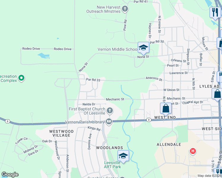 map of restaurants, bars, coffee shops, grocery stores, and more near 1395-1535 Anacoco Street in Leesville