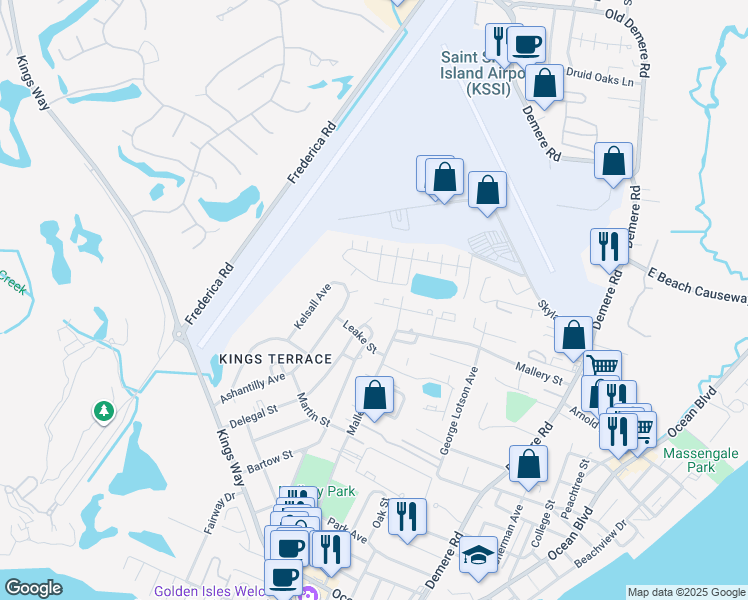 map of restaurants, bars, coffee shops, grocery stores, and more near 321 Sand Castle Lane in St. Simons Island