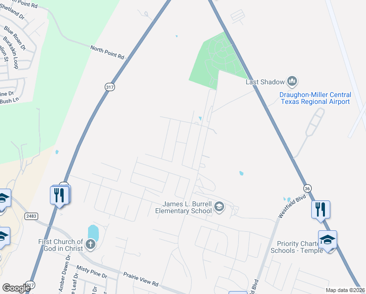 map of restaurants, bars, coffee shops, grocery stores, and more near 2909 North Pea Ridge Road in Temple