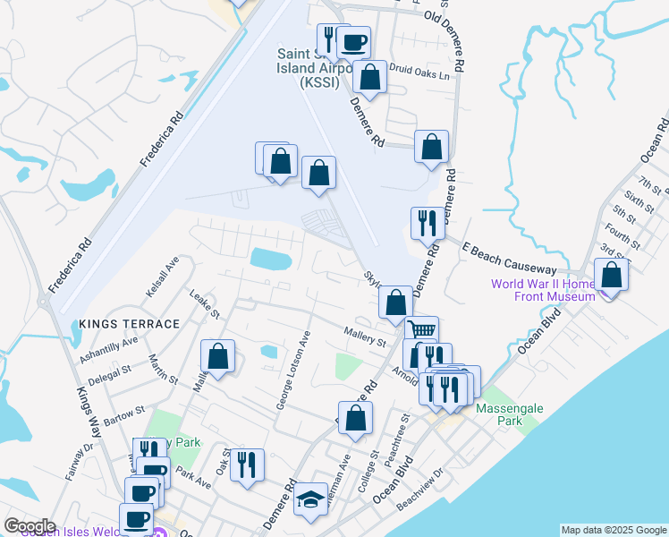 map of restaurants, bars, coffee shops, grocery stores, and more near 238 Island Drive in St. Simons Island