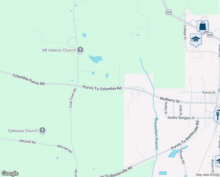 map of restaurants, bars, coffee shops, grocery stores, and more near 1027 Purvis To Columbia Road in Purvis