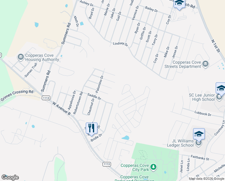 map of restaurants, bars, coffee shops, grocery stores, and more near 201 Bronc Drive in Copperas Cove