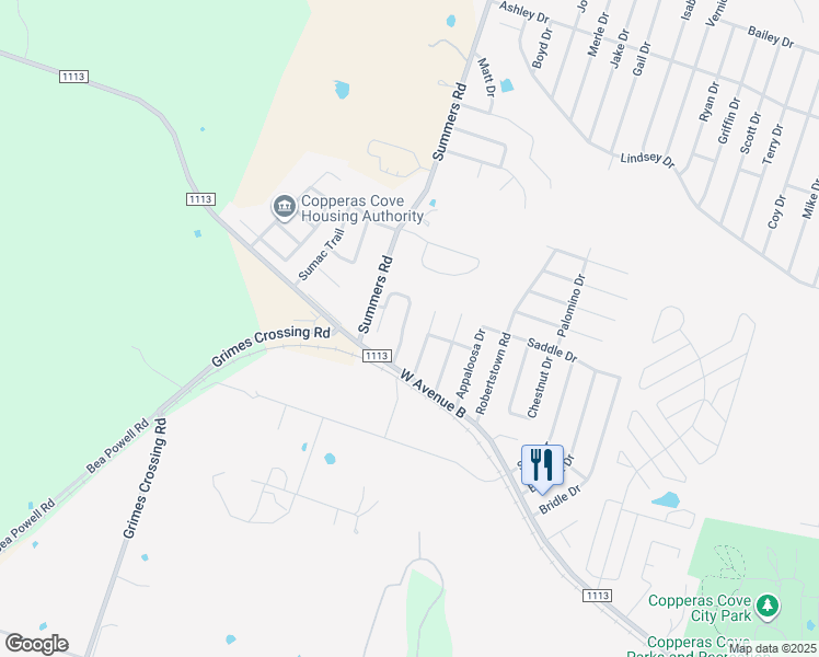 map of restaurants, bars, coffee shops, grocery stores, and more near 302 Mesquite Circle in Copperas Cove