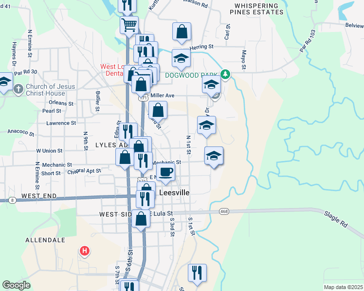 map of restaurants, bars, coffee shops, grocery stores, and more near 404 East Union Street in Leesville
