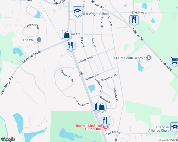 map of restaurants, bars, coffee shops, grocery stores, and more near 2020 2nd Street Southeast in Moultrie