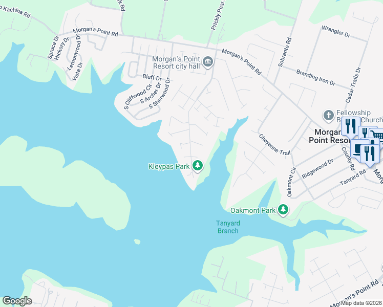 map of restaurants, bars, coffee shops, grocery stores, and more near 1 Commodore Drive in Morgan's Point Resort