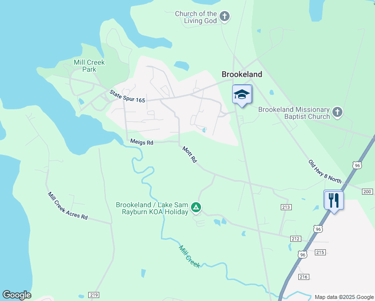 map of restaurants, bars, coffee shops, grocery stores, and more near Mott Road in Brookeland