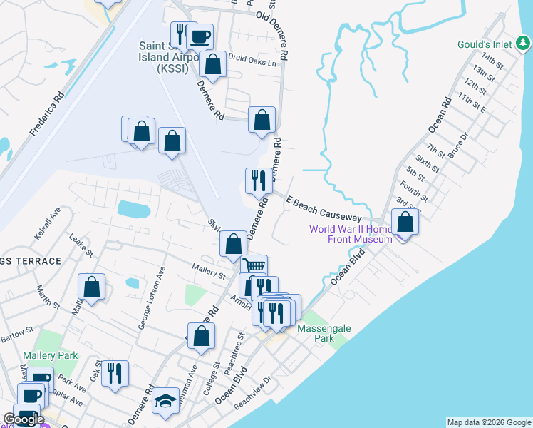 map of restaurants, bars, coffee shops, grocery stores, and more near 24 Tilton Lane in St. Simons