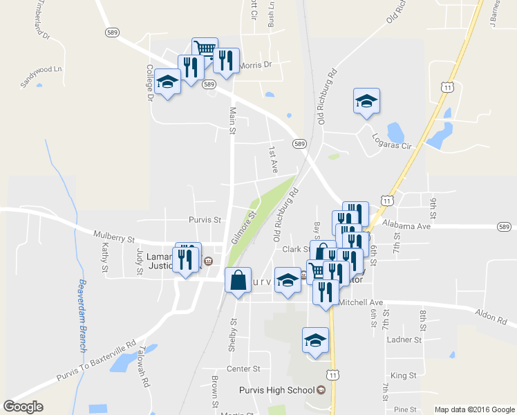 map of restaurants, bars, coffee shops, grocery stores, and more near 105 Purvis Oloh Road in Purvis